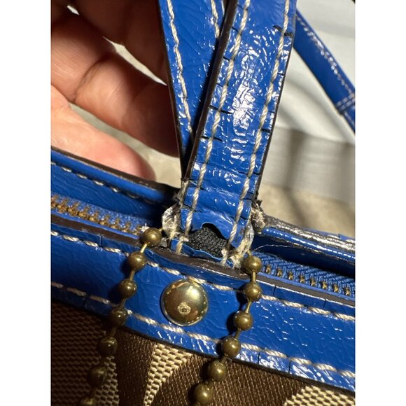 Coach Purse Khaki Signature Blue Stripe Top Zip Tote Shoulder Bag F19046 - Picture 16 of 16